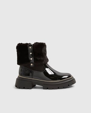 River Island Girls Boots Black Faux Fur Cuff Patent