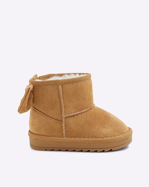 River Island Mini Girls Boots Beige Faux Suede Bow