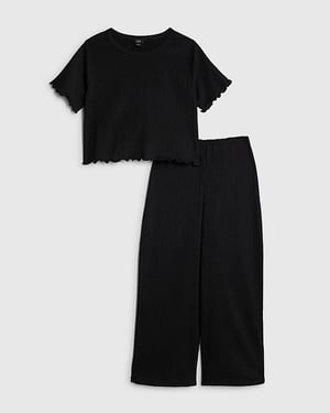 River Island Girls T-Shirt & Trousers Set Black Textured Wide Leg