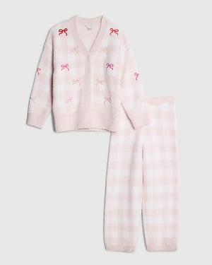 River Island Girls Cardigan & Trousers Set Pink Gingham Cosy 2 Piece