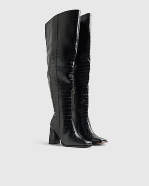 River Island Womens Thigh High Boots Black Block Heel