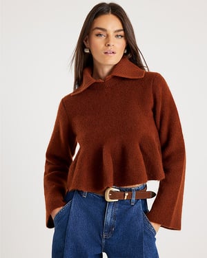 River Island Womens Jumper Orange Knit Collared Peplum Sweater
