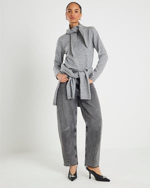 River Island Womens Jumper Grey Knitted Scarf Neck Sweater