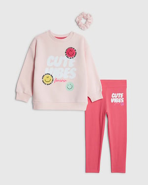 River Island Mini Girls Sweatshirt & Leggings Set Pink Cute Vibes