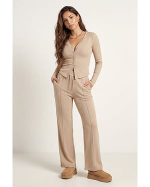 Soft Rib V Cardigan Set Oatmeal