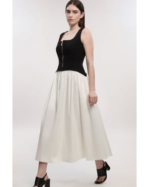 Petite Compact Stretch Cotton Mix Tailored Full Skirted Midi Dress