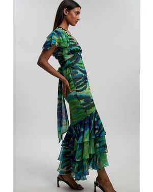 Animal Ruffle Sleeve Button Through Maxi Dress