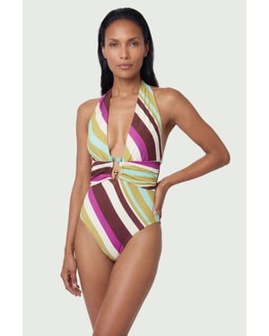 Diagonal Stripe Plunge Swimsuit With Stone Detail