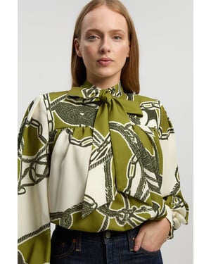 Chain Print Woven Balloon Blouse With Tie Detail