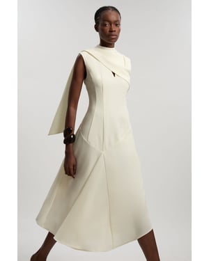 Tailored Crepe Cape Asymmetric Cape Neck Detail Midi Dress
