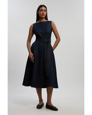 Denim Belted Full Skirt Tailored Dress