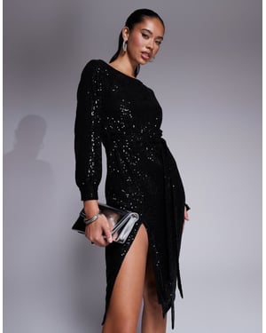 In The Style paljett off-shoulder midiklänning med hög slits i svart