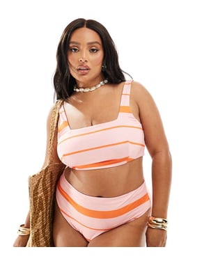 ASOS DESIGN Curve Mia högbenad hög midja bikinitrosa i rosa och orange randig