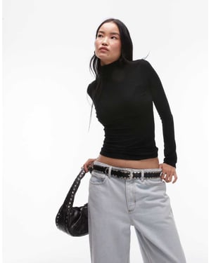 Topshop premium ribbad långärmad topp med funnel neck i svart