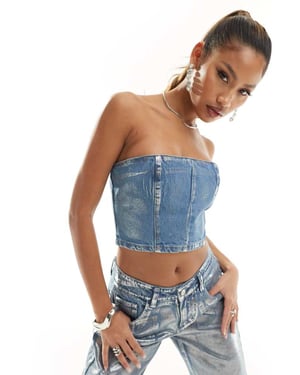 Simmi metallisk denim bandeau korsett topp koord i blått