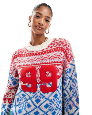 ASOS DESIGN oversized lappverk fairisle jultröja i blått och rött