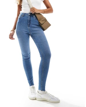 Miss Selfridge skinny hög midja jeans i mellanblå tvätt