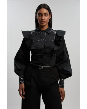 Cotton Sateen Drama Sleeve Studded Woven Maxi Shirt