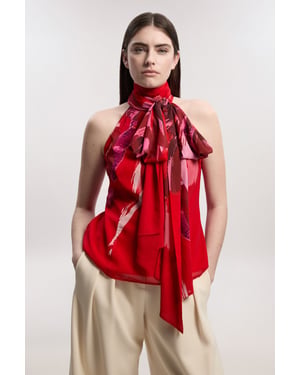 Photographic Floral Crinkle Georgette Sleeveless Tie Neck Woven Top