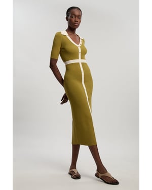 Knit Rib With Contrast Waist Detail Collared Short Sleeve Midi Dress