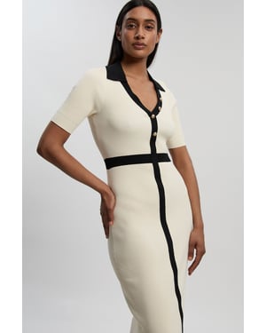 Knit Rib With Contrast Waist Detail Collared Short Sleeve Midi Dress