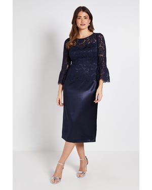 LACE RUFFLE SLEEVE PENCIL DRESS