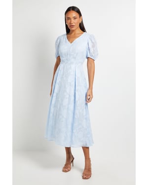Floral Jacquard Puff Sleeve Midi Dress