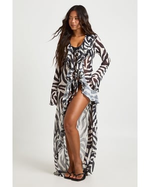 Zebra Print Ruffle Detail Mesh Maxi Beach Kimono