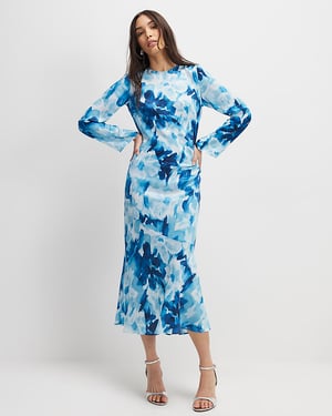 River Island Womens Midi Dress Blue Floral Long Sleeve