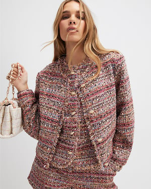 River Island Womens Bomber Jacket Red Boucle Cropped