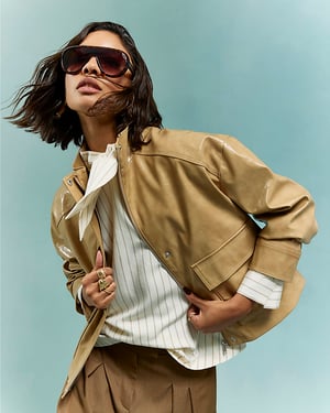 River Island Womens Bomber Jacket Beige Vinyl Funnel Neck