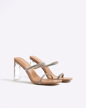 River Island Womens Heeled Mules Beige Diamante Double Strap