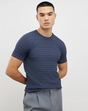 River Island Mens T-Shirt Blue Muscle Fit Textured Knit