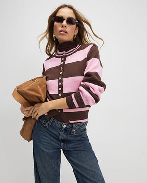 River Island Womens Cardigan Brown Knitted Striped