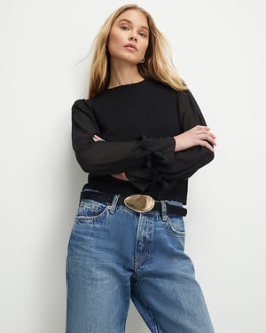 River Island Womens Top Black Knitted Long Chiffon Sleeve