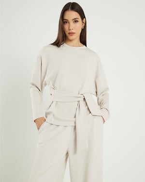 River Island Womens Top Cream Premium Long Sleeve Tie Front