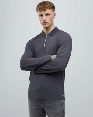 River Island Mens Polo Shirt Grey Slim Fit Textured