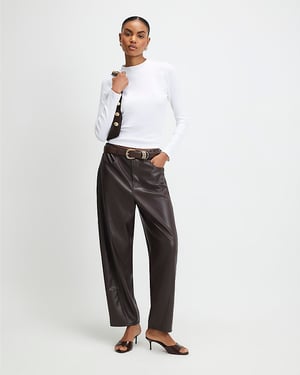 River Island Womens Trousers Brown Faux Leather Barrel Leg