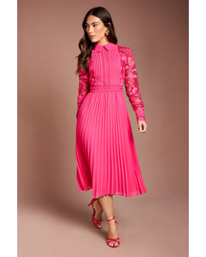 Long Sleeve Lace and Pleated Midi Shirt Dress