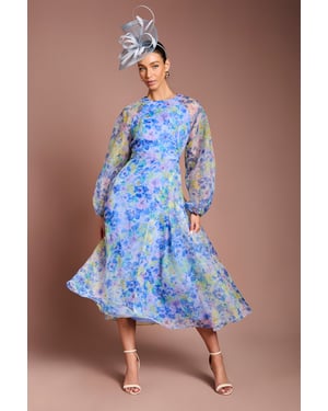 Organza Wrap Waist Puff Sleeve Midi Dress