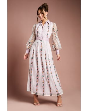 Embroidered Mesh And Lace Blouson Sleeve Belted Midi Dress