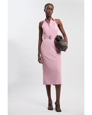 Twill Contrast Collar Woven Halter Neck Midi Dress