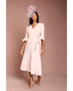 Petite Ruffle Sleeve Satin Back Crepe Wrap Dress