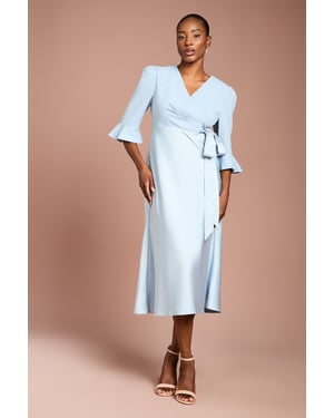 Ruffle Sleeve Satin Back Crepe Wrap Dress