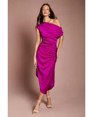 Satin Ruched One Shoulder Asymmetric Hem Midi Dress