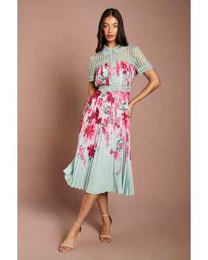 Lisa Tan Lace Pleated Printed Midi Dress