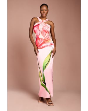 Large Scale Floral Placement Print Halter Neck Pencil Dress