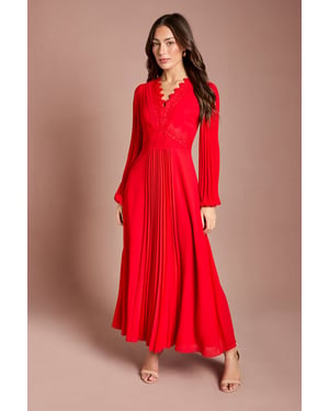 Pleat Detail Lace Trim Maxi Dress
