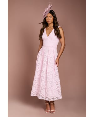 V Neck Organza Lace Full Skirted Midi Dress