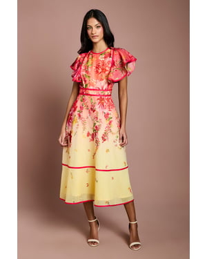 Petite Placement Print Frill Sleeve Midi Dress